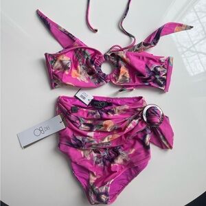 PatBO Floral Ring-Detail High Waist Bikini Set — Hot Pink